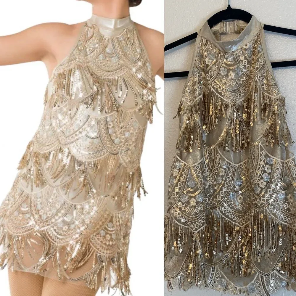Gold flapper fringe Dance Costume dress 20637 MC-Medium child